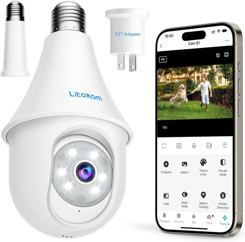 Litokam 4MP Light Bulb Security Cameras Wireless Outdoor 2.4Ghz, 2K 360°Cameras for Home Security outside Indoor, Motion Detection, Siren Alarm, Color Night Vision, 24/7 Recording, Work with Alexa