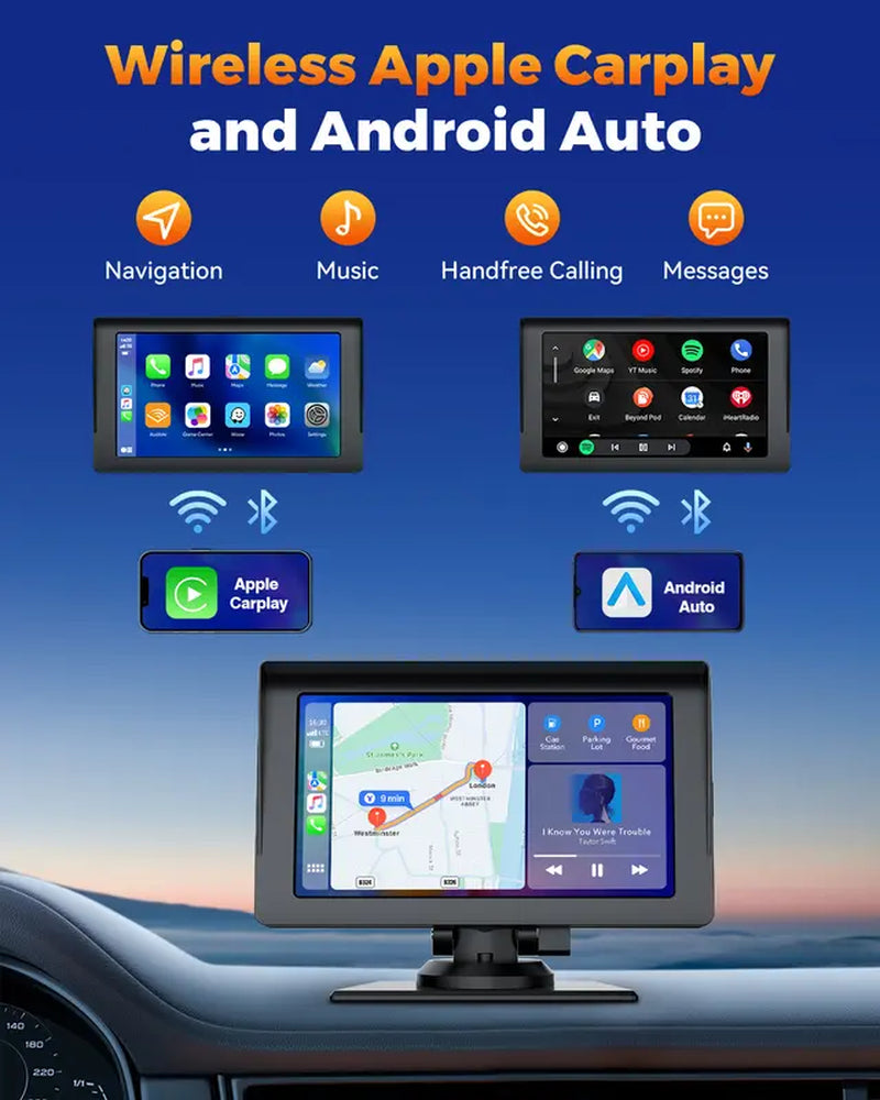 2024 Newest 7 Inch Wireless Carplay, Android Auto, Apple Airplay with Backup Camera, Portable Car Stereo Radio with Bluetooth 5.0, GPS Navigation, Carplay Touch Screen, Siri, Calling, AUX/FM