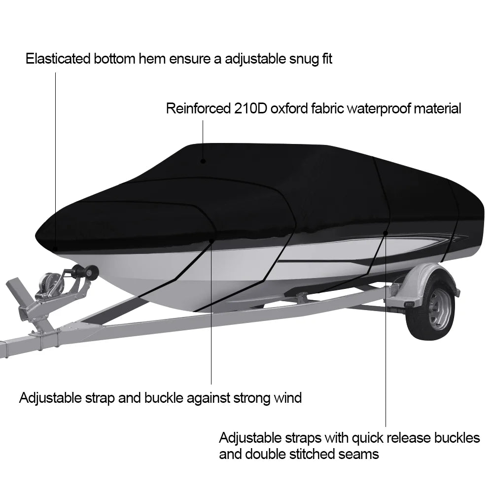 210D Waterproof Heavy Duty V-Hull Boat Cover Trailerable Fishing Ski Bass Runabouts 17-19Ft Black