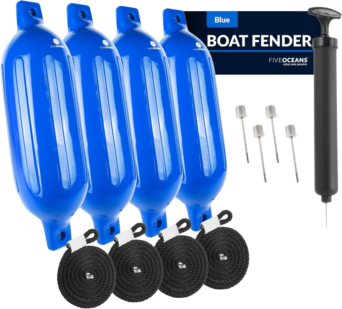 4-Pack Boat Fenders - Boat Bumpers for Docking - 4 Ropes Lines 3/8-Inch X 5-Foot - Boat Fender with Inflator Pump and 4 Needles for Pontoon Fishing Boats Bass Boats Sport Boats Sailboats