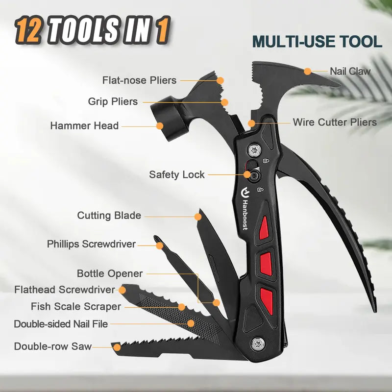 Hanboost Hammer Multitool Pocket Claw Hammer 12 In1 Camping Survival Gear Gadget for Hiking Outdoor with Phillips Screwdriver Bottle Can Opener