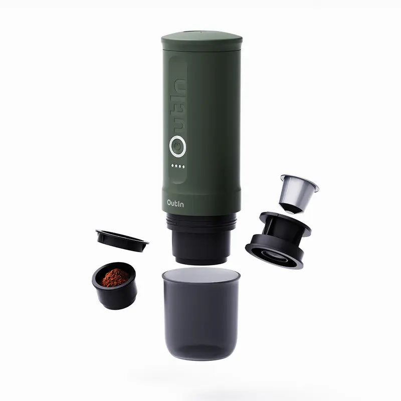 Outin Nano Portable Espresso Machine (Forest Green)With 3-4 Min Self-Heating, 20 Bar Mini Small 12V 24V Car Coffee Maker, Compatible with NS Capsule & Ground Coffee for Camping, Travel, RV, Hiking