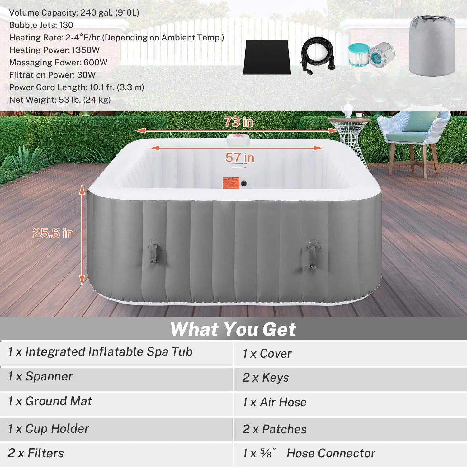 Upgraded Inflatable Hot Tub,  6 Person Hot Tub with Hidden Pump, Portable Spa Tub Outdoor Indoor Use W/130Pcs Jet, Lockable Cover, Storage Bag, Cover, 240Gal
