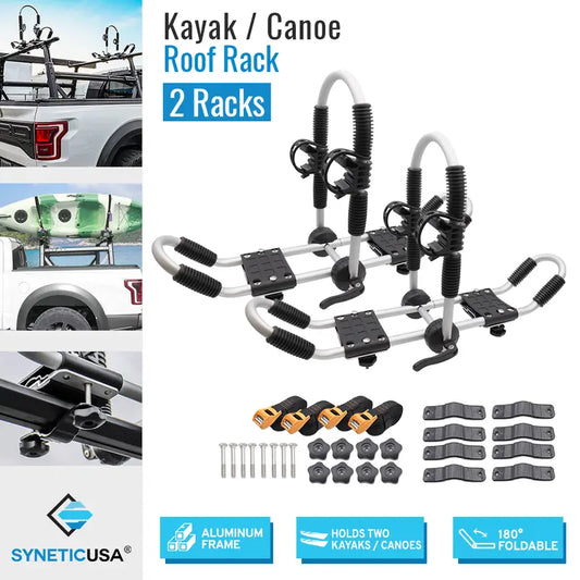 Syneticusa Universal Fit 2-In-1 Aluminum Foldable Roof Rack J-Bar for Canoe/Kayak/Surfboard Carrier